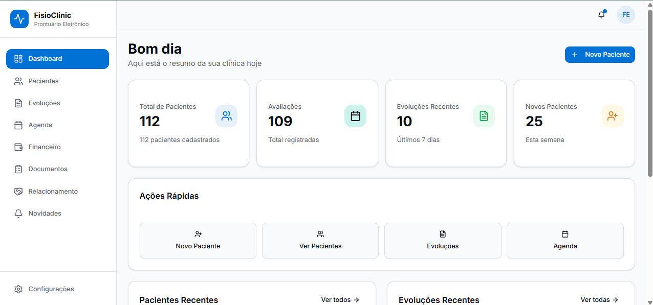 Dashboard do sistema FisioClinic para gestão de consultórios de fisioterapia